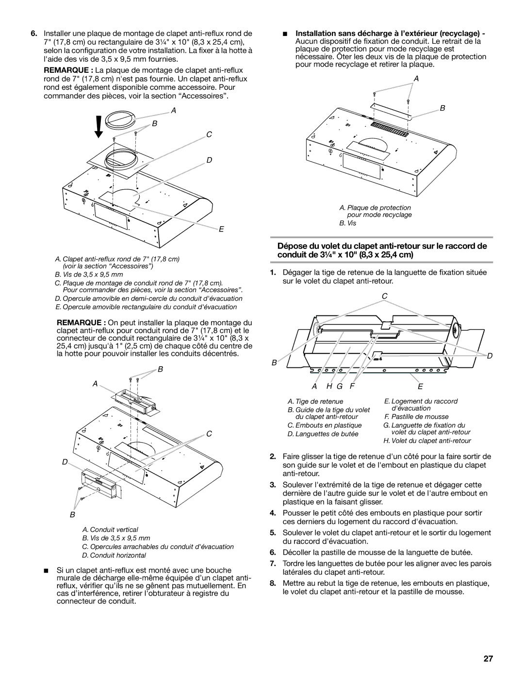 Whirlpool UXT4230AD, UXT4236AD installation instructions Plaque de protection pour mode recyclage Vis 