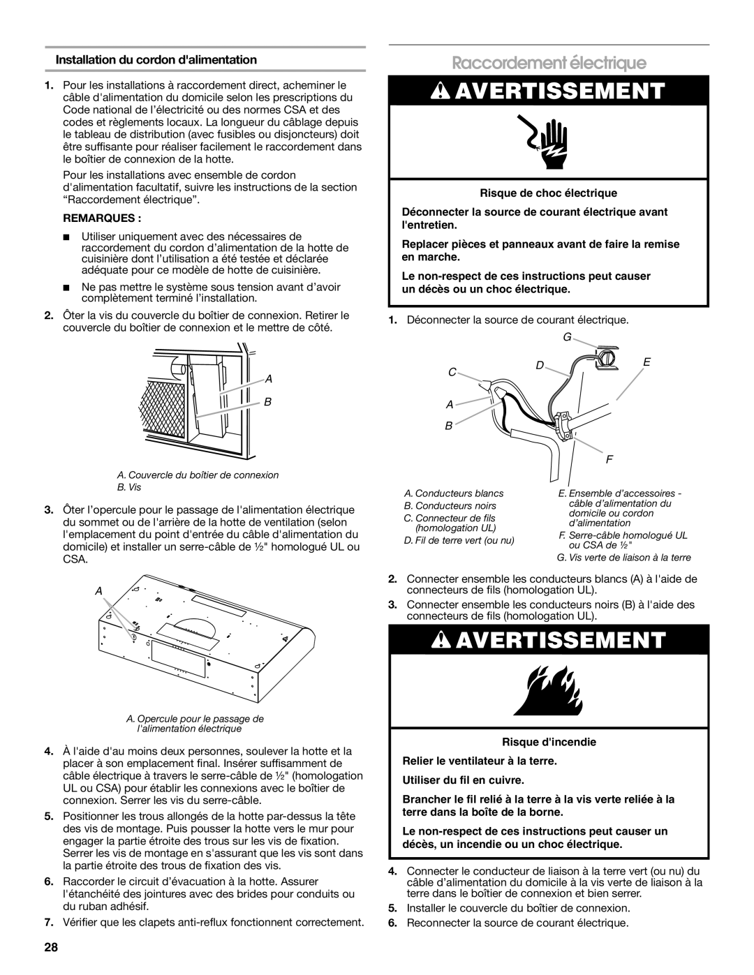 Whirlpool UXT4236AD, UXT4230AD installation instructions Raccordement électrique, Installation du cordon dalimentation 