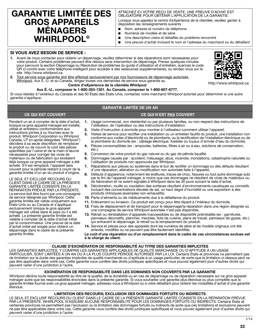 Whirlpool UXT4230AD, UXT4236AD installation instructions Garantie Limitée DES 