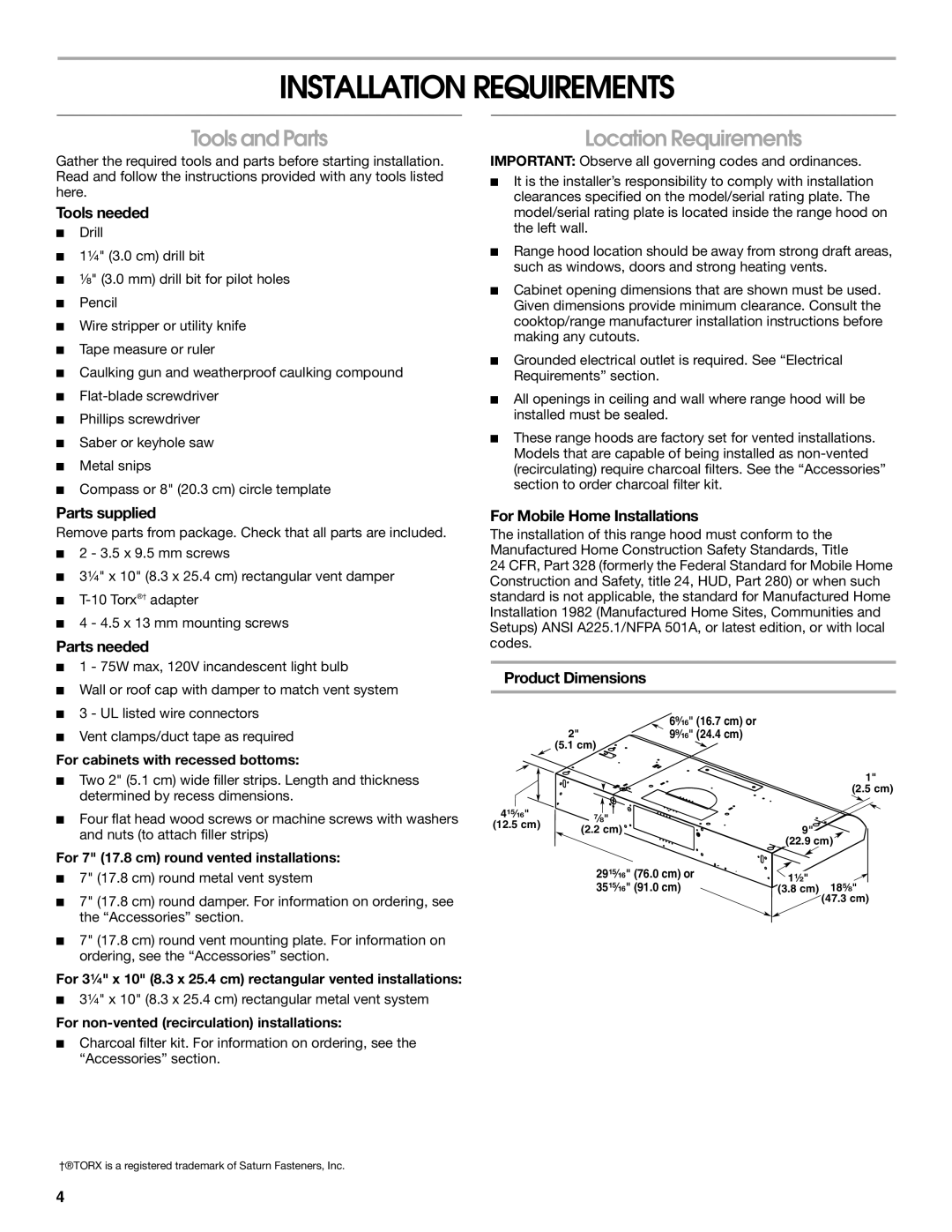 Whirlpool UXT4236AD, UXT4230AD installation instructions Installation Requirements, Tools and Parts, Location Requirements 