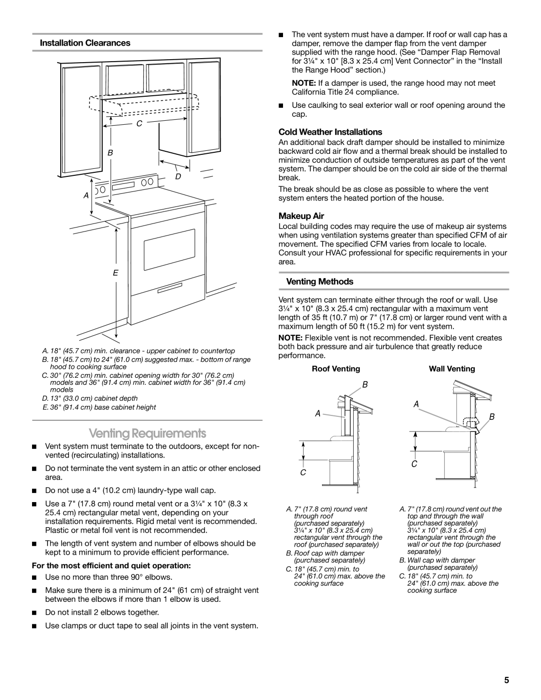 Whirlpool UXT4230AD Venting Requirements, Installation Clearances, Cold Weather Installations, Makeup Air, Venting Methods 