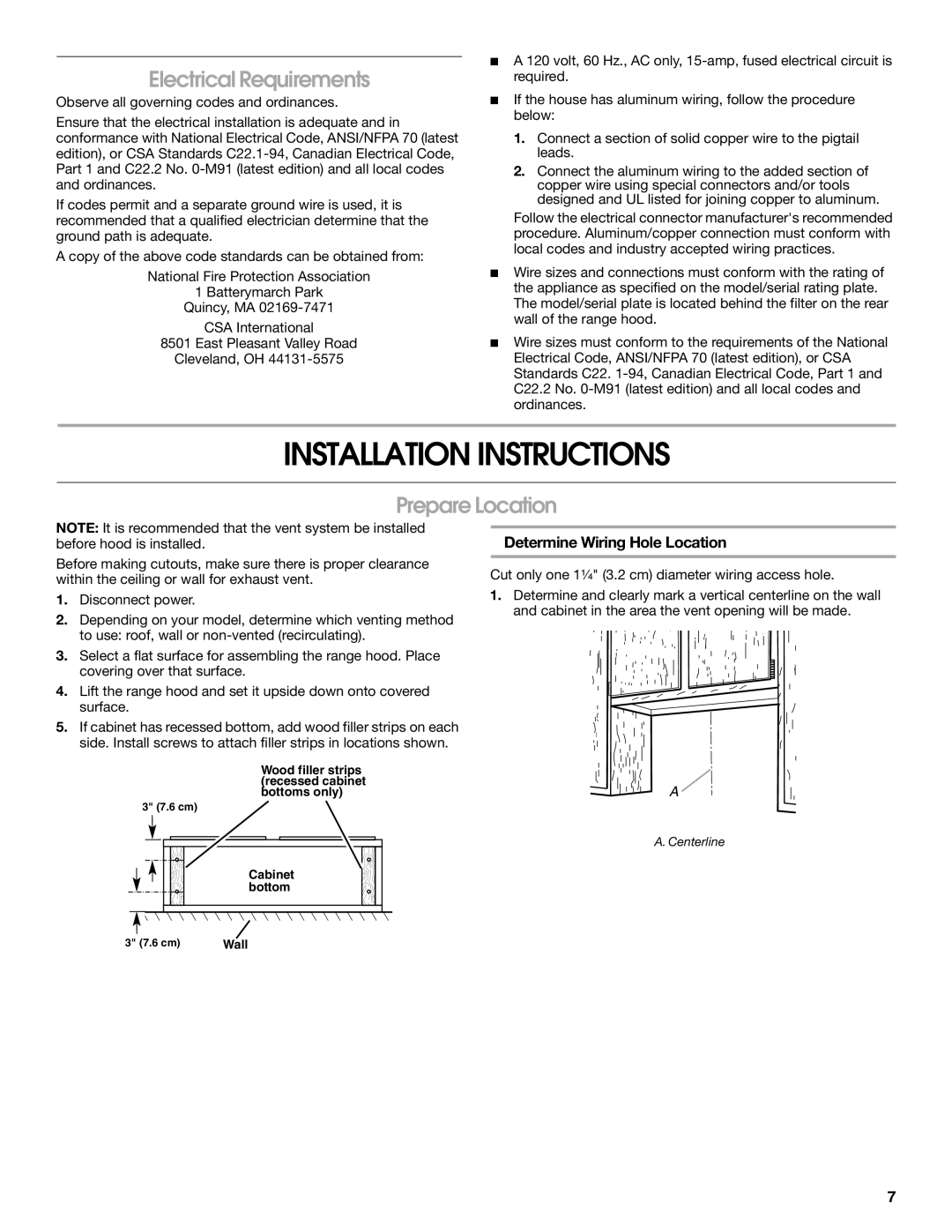 Whirlpool UXT4230AD Installation Instructions, Electrical Requirements, Prepare Location, Determine Wiring Hole Location 