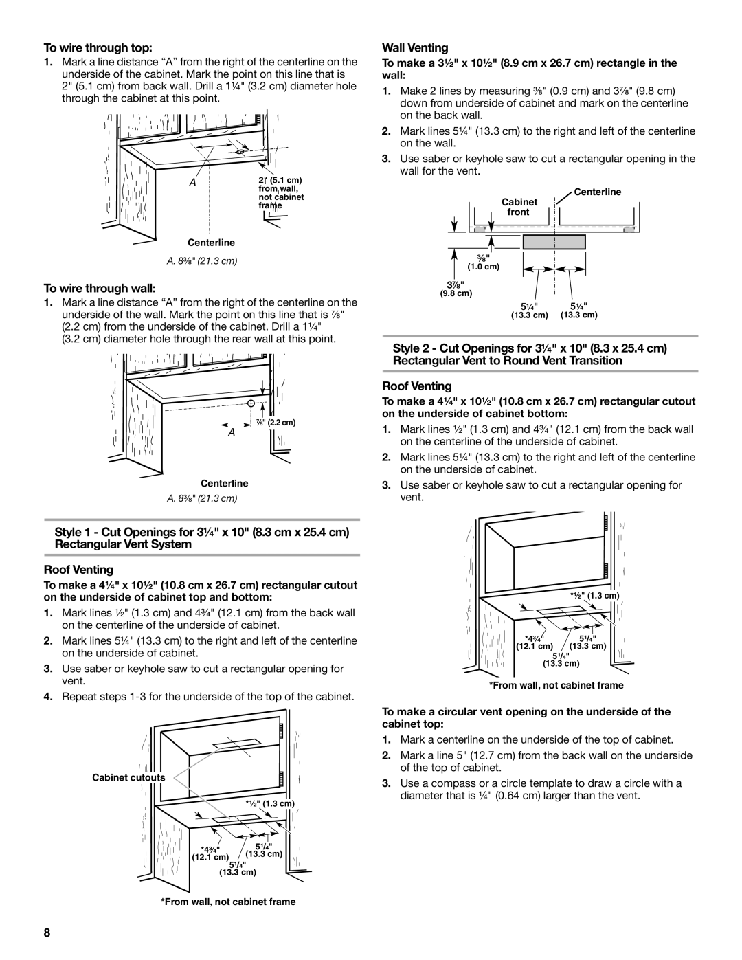 Whirlpool UXT4236AD, UXT4230AD installation instructions To wire through top, To wire through wall, Wall Venting 