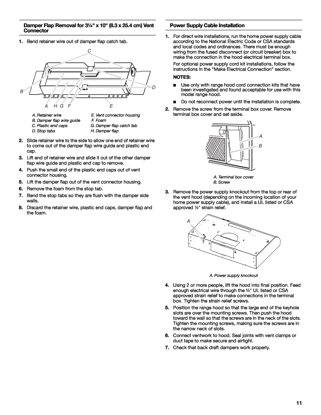 Whirlpool UXT4230AD, UXT4236AD installation instructions Power Supply Cable Installation, C D B, A H G F 