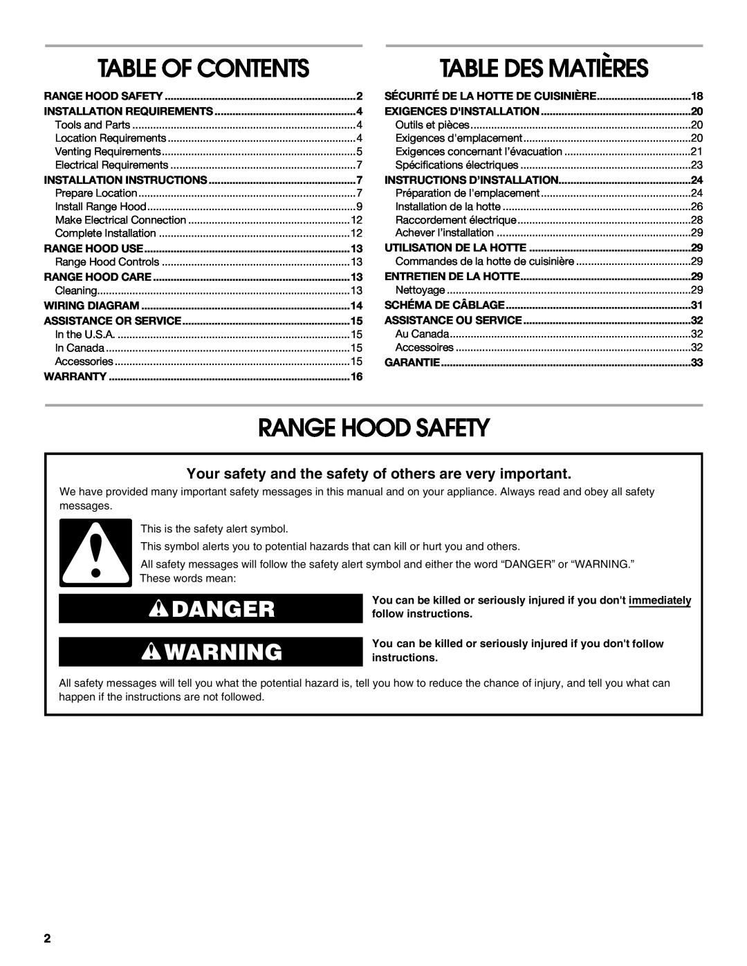 Whirlpool UXT4236AD Range Hood Safety, Danger, Table Of Contents, Installation Requirements, Installation Instructions 