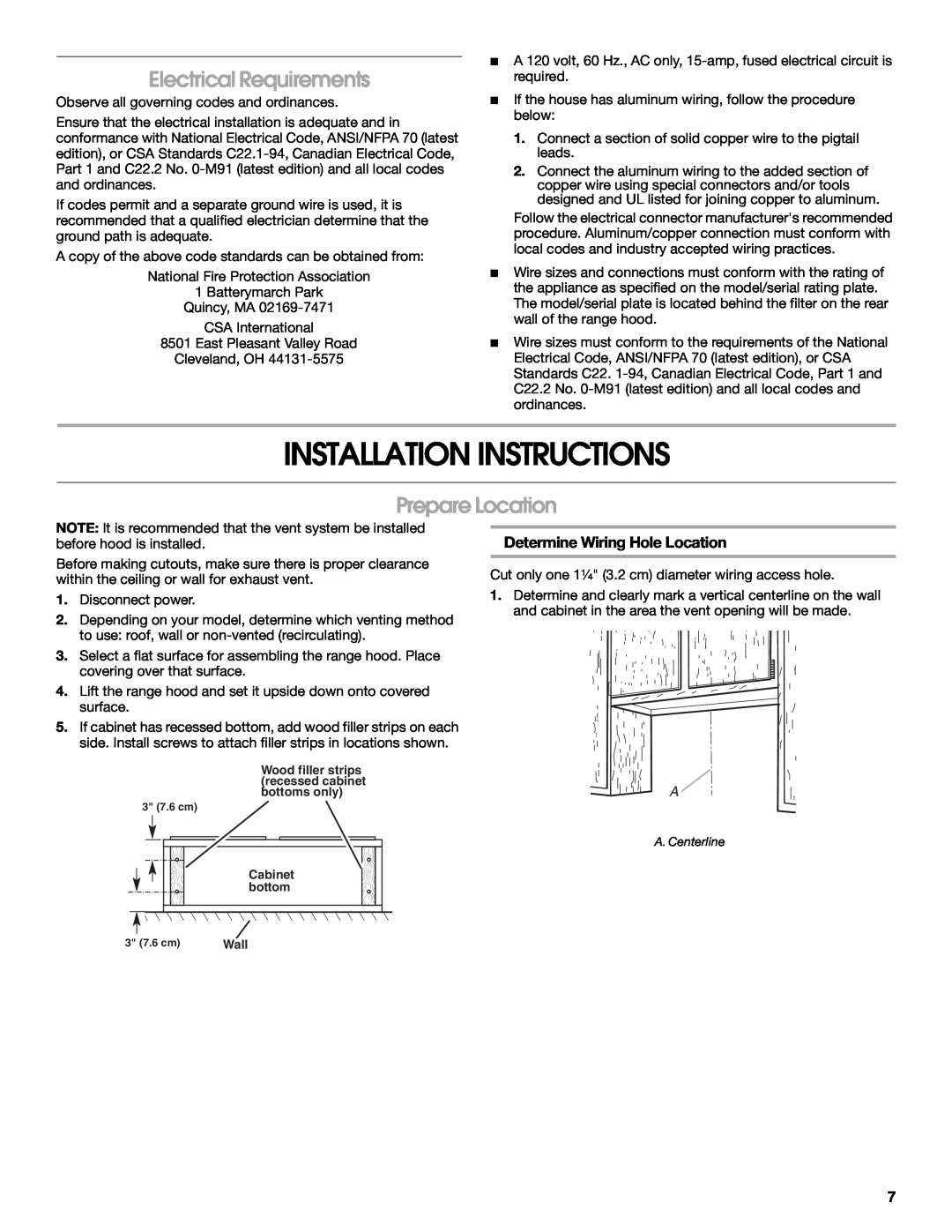 Whirlpool UXT4230AD Installation Instructions, Electrical Requirements, Prepare Location, Determine Wiring Hole Location 