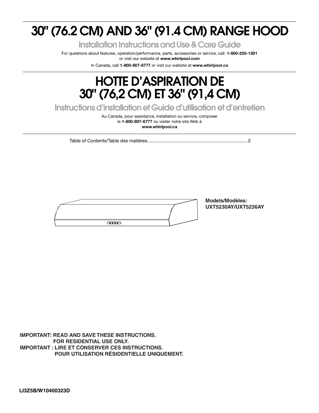 Whirlpool UXT5230AYB, UXT5230AYS, UXT5236AYS installation instructions Hotte D’ASPIRATION DE 