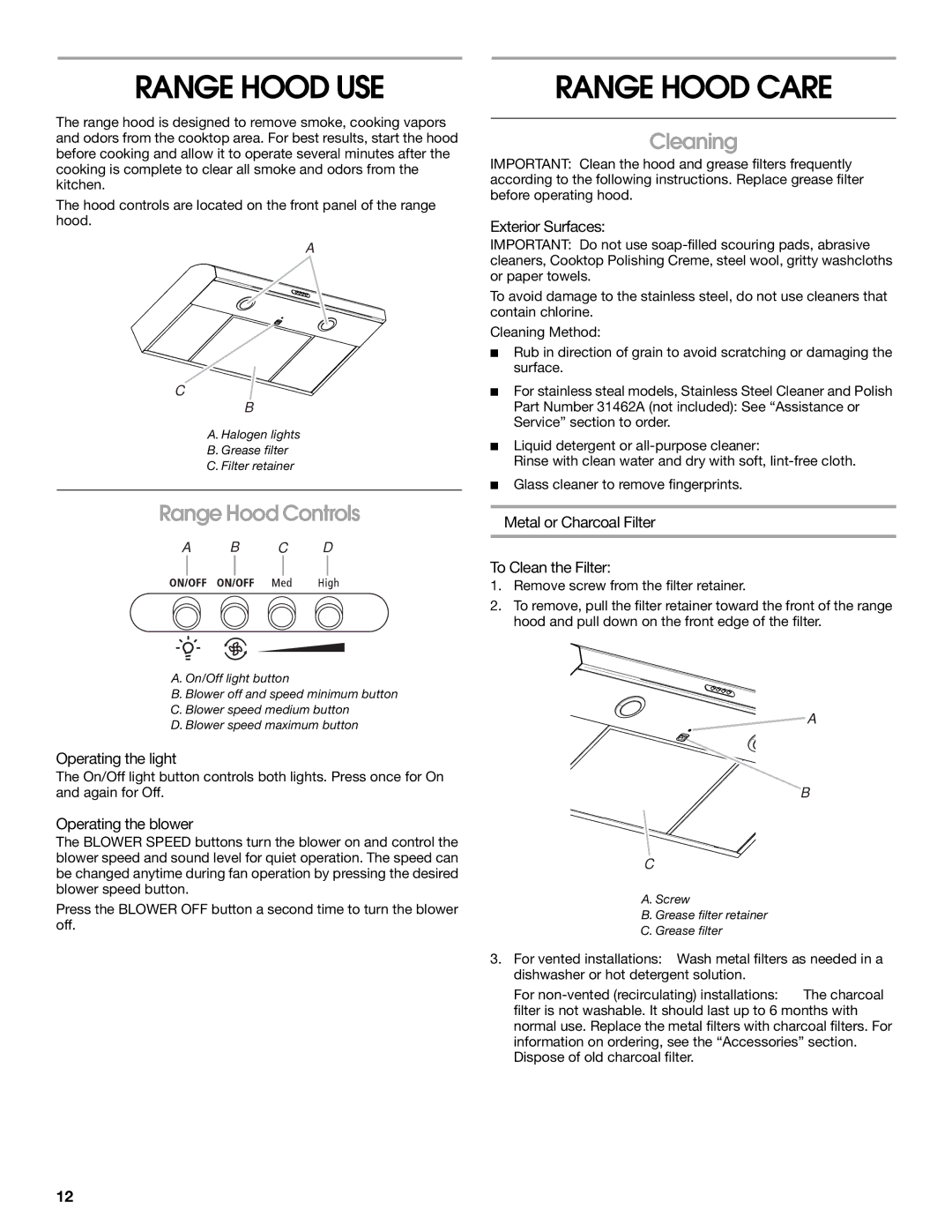 Whirlpool UXT5230AYS, UXT5230AYB, UXT5236AYS Range Hood USE, Range Hood Care, Range Hood Controls, Cleaning 