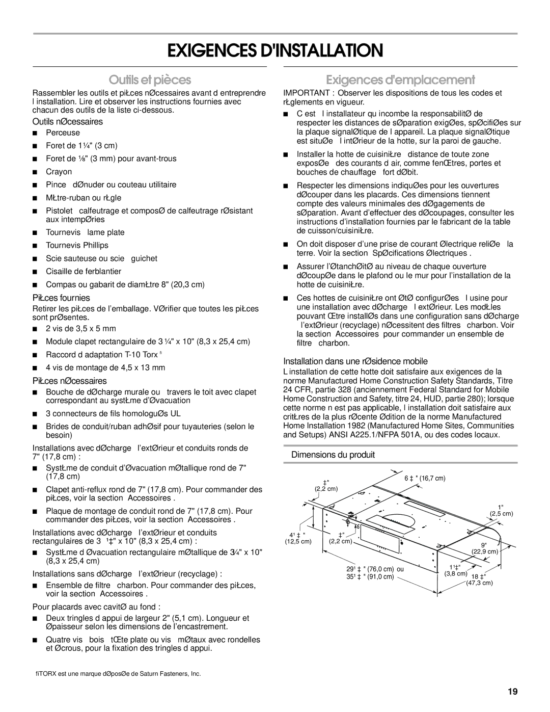 Whirlpool UXT5230AYB, UXT5230AYS, UXT5236AYS Exigences Dinstallation, Outils et pièces, Exigences demplacement 