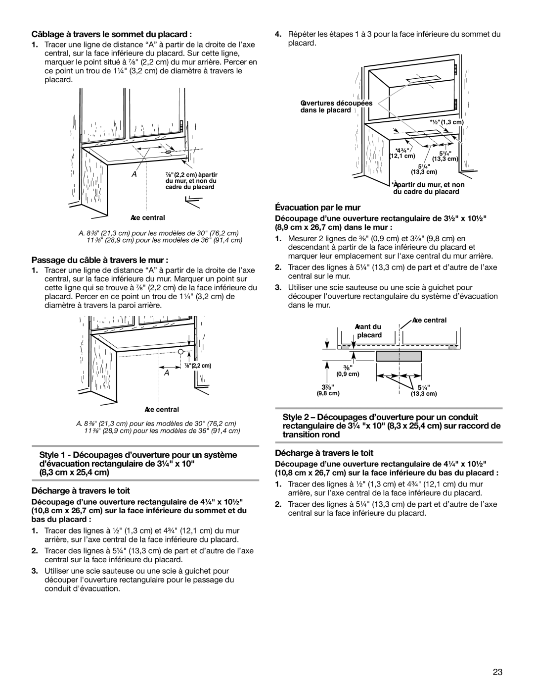 Whirlpool UXT5236AYS Câblage à travers le sommet du placard, Passage du câble à travers le mur, Évacuation par le mur 