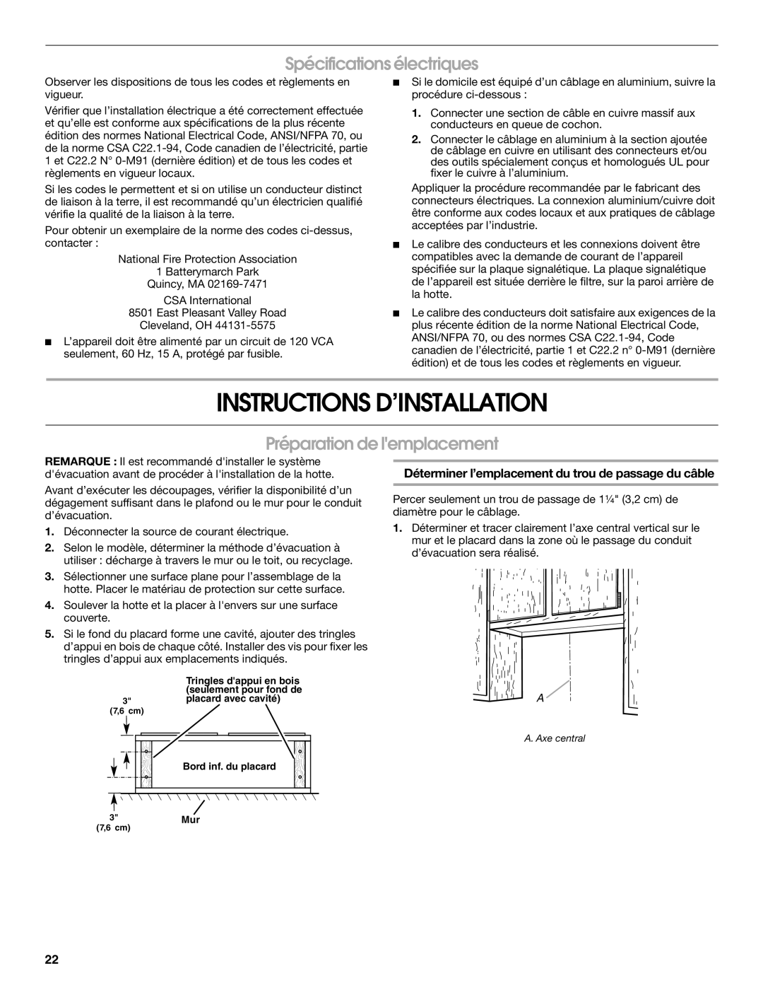 Whirlpool UXT5230AYW Instructions D’INSTALLATION, Spécifications électriques, Préparation de lemplacement 