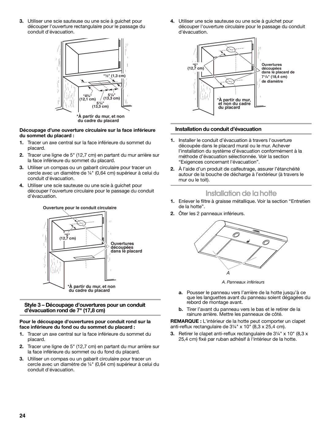 Whirlpool UXT5230AYW installation instructions Installation de la hotte, Installation du conduit d’évacuation 