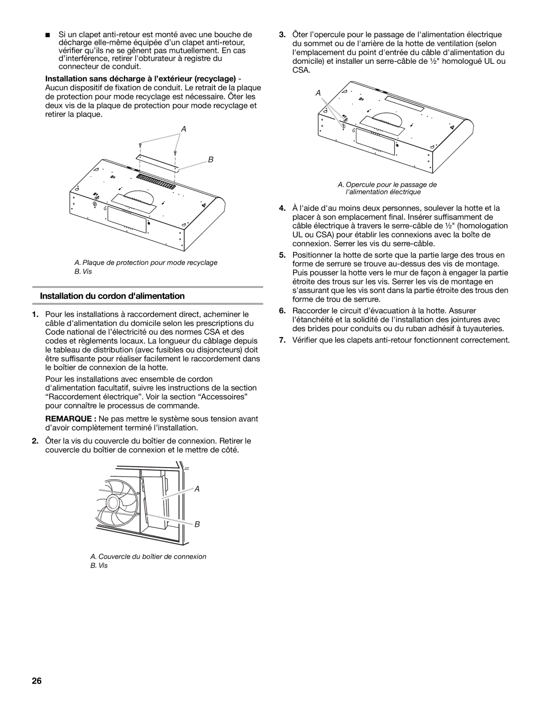 Whirlpool UXT5230AYW Installation du cordon dalimentation, Installation sans décharge à l’extérieur recyclage 