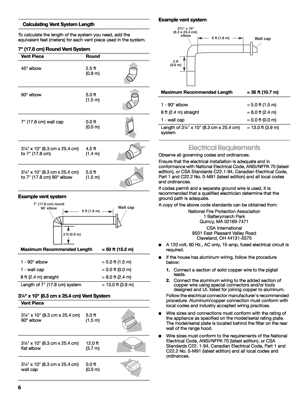 Whirlpool UXT5230AYW Electrical Requirements, Calculating Vent System Length, 7 17.8 cm Round Vent System, Vent Piece 