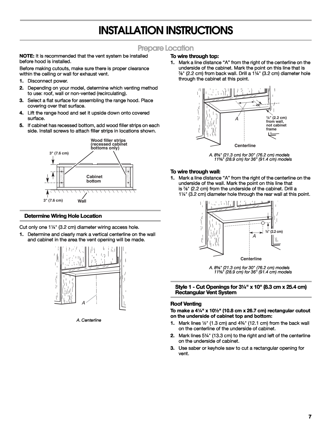 Whirlpool UXT5230AYW Installation Instructions, Prepare Location, To wire through top, To wire through wall, Roof Venting 