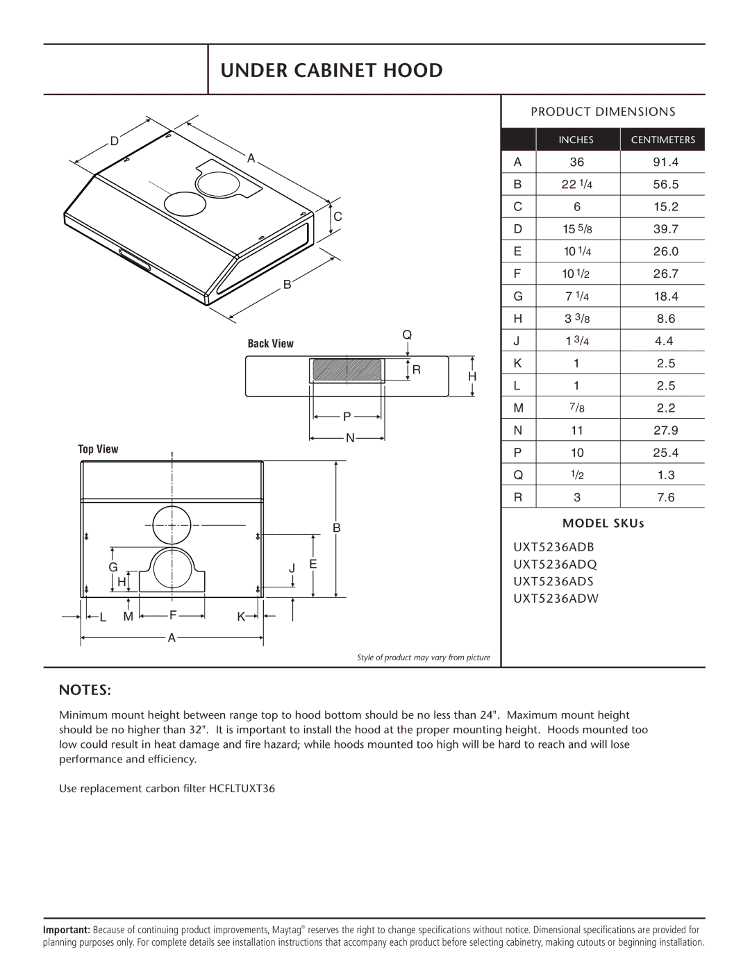 Whirlpool UXT5236ADQ, UXT5236ADB, UXT5236ADS, UXT5236ADW dimensions Under Cabinet Hood, Product Dimensions, Model SKUs 