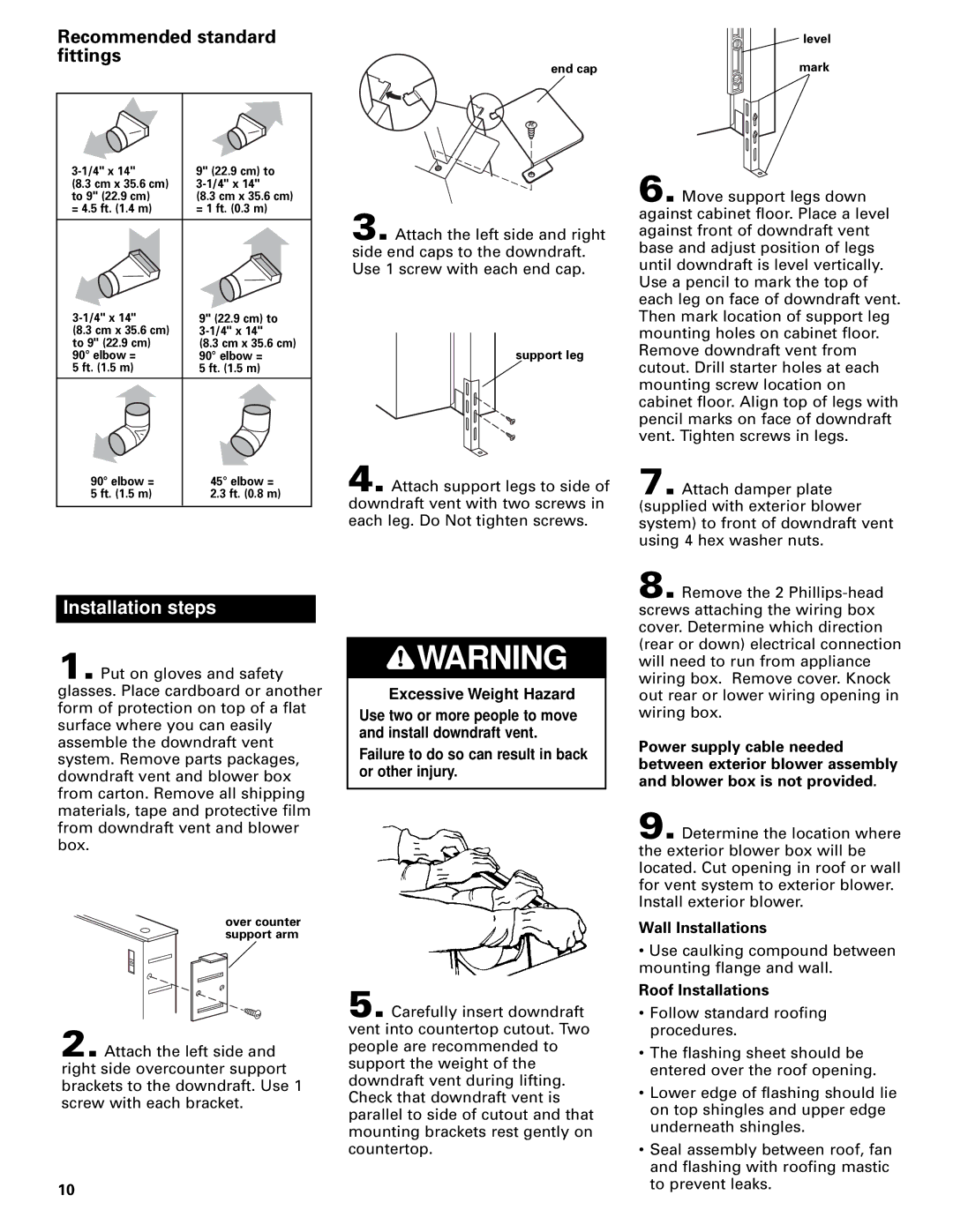 Whirlpool Vent system installation instructions Recommended standard fittings, Wall Installations, Roof Installations 