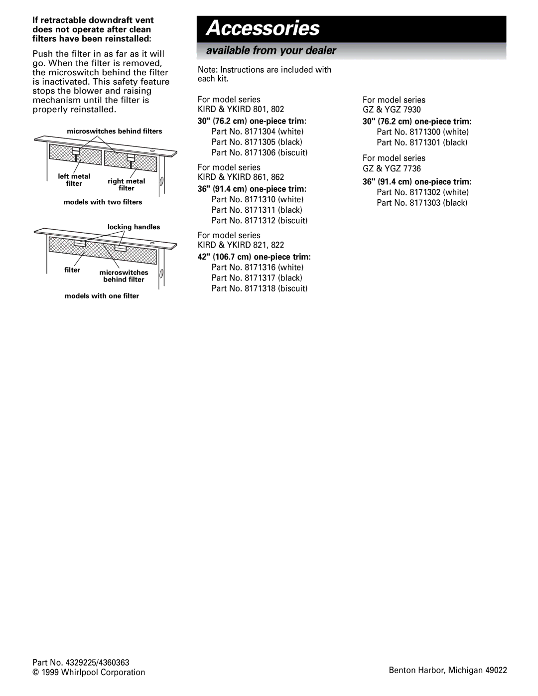 Whirlpool Vent system installation instructions Accessories, 30 76.2 cm one-piece trim Part No white Part No black 