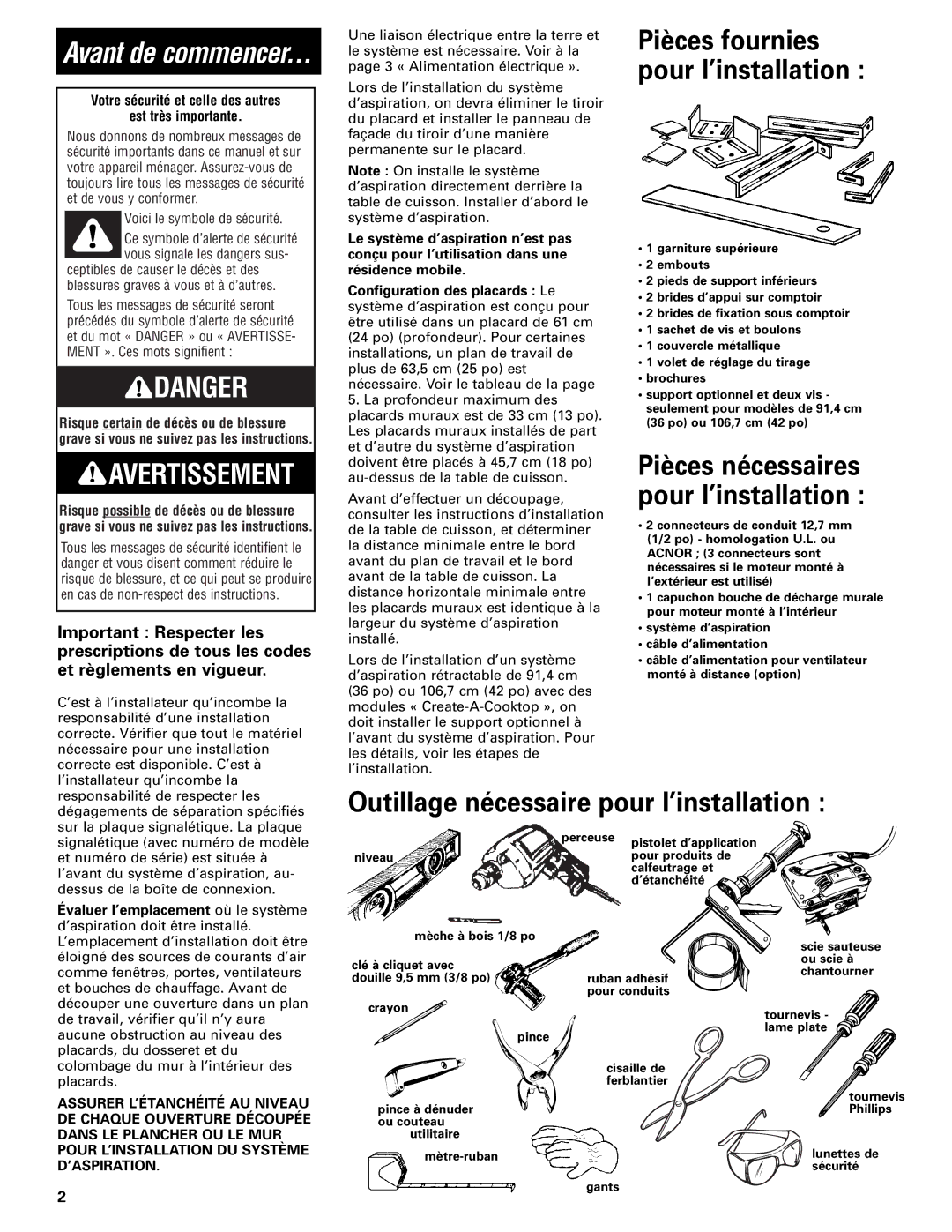 Whirlpool Vent system installation instructions Avertissement 