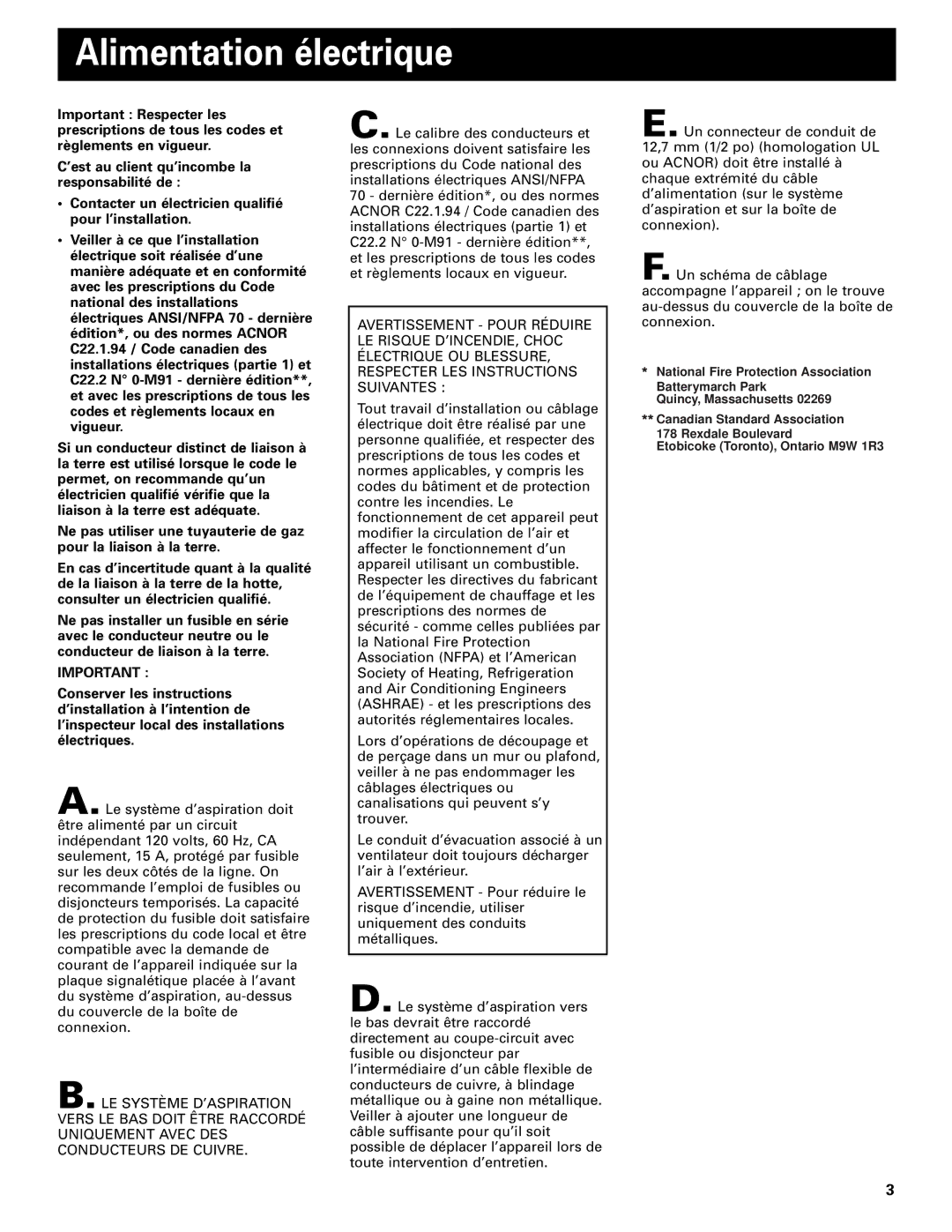 Whirlpool Vent system installation instructions Alimentation électrique 