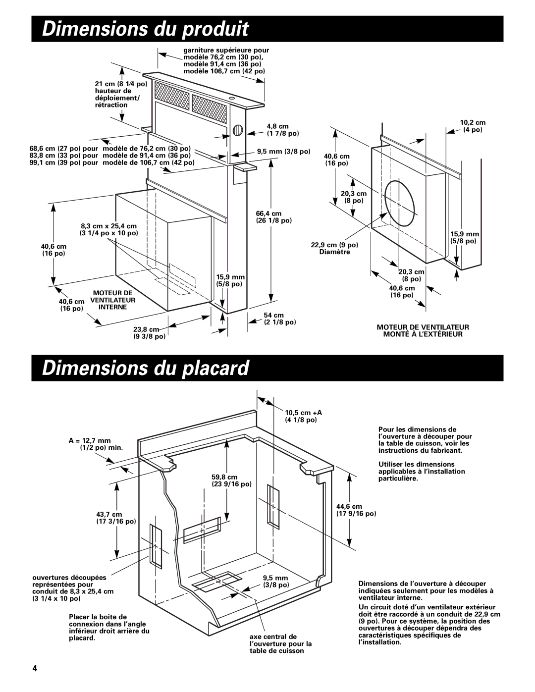 Whirlpool Vent system installation instructions Dimensions du produit, Dimensions du placard 