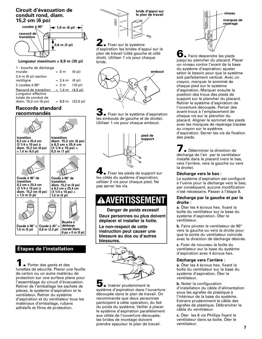 Whirlpool Vent system Circuit d’évacuation de conduit rond, diam ,2 cm 6 po, Recommandés, Décharge vers le bas 