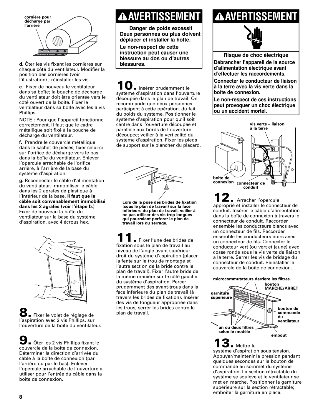 Whirlpool Vent system installation instructions Avertissement, Risque de choc électrique 