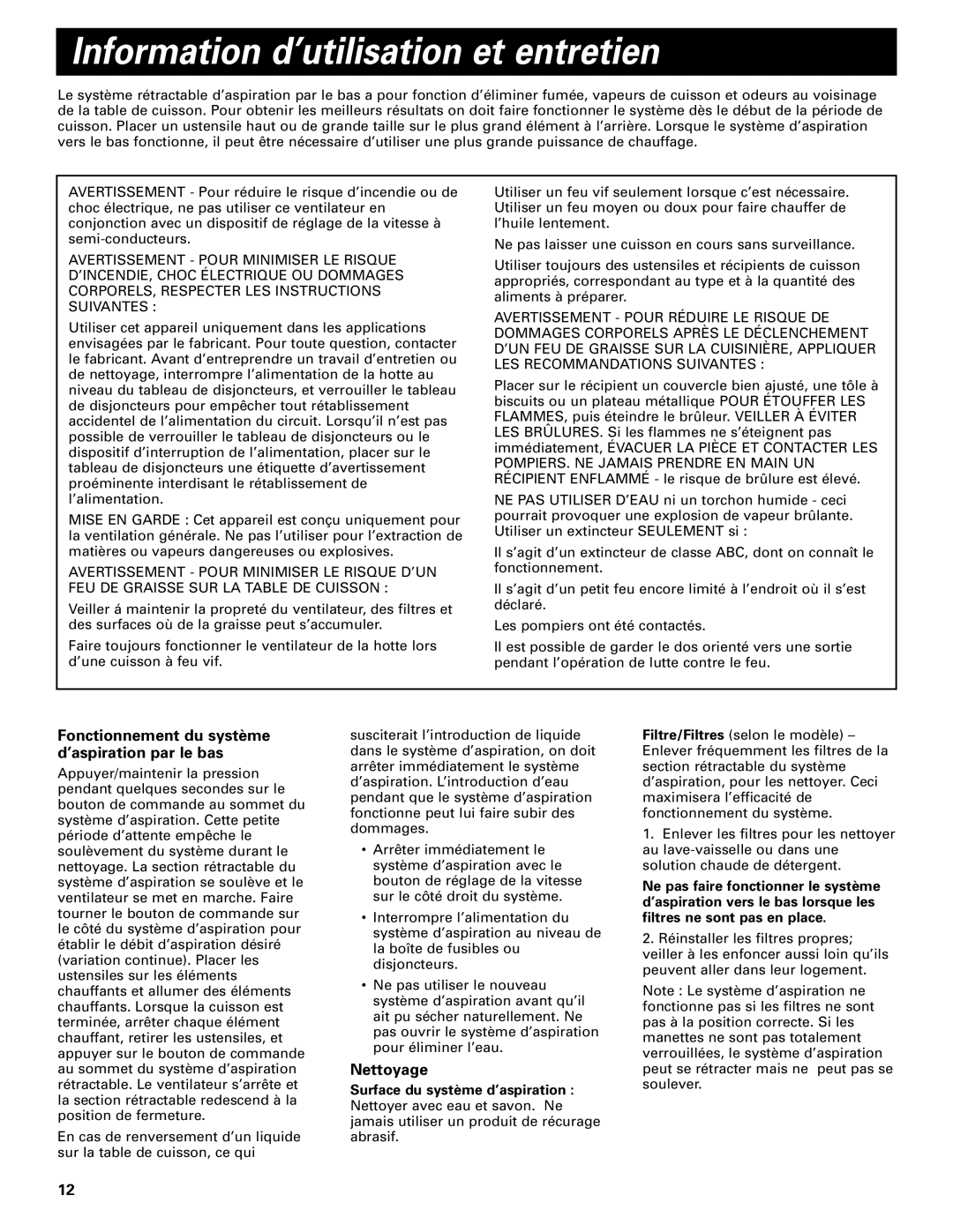 Whirlpool Vent system Information d’utilisation et entretien, Fonctionnement du système d’aspiration par le bas, Nettoyage 