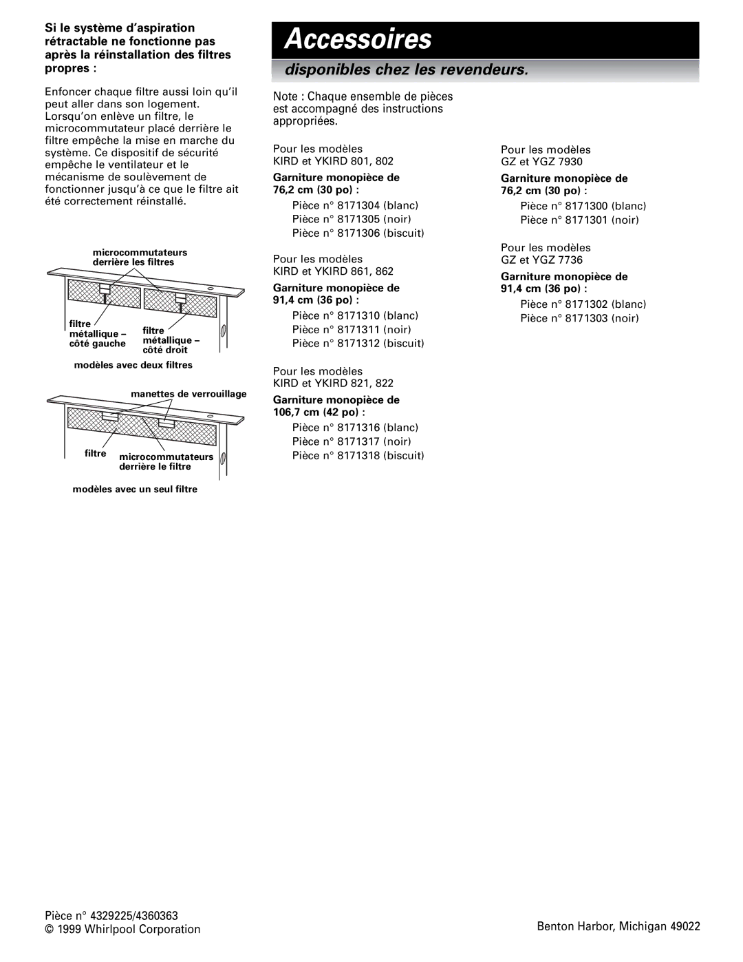 Whirlpool Vent system installation instructions Accessoires, Garniture monopièce de 76,2 cm 30 po, 91,4 cm 36 po 