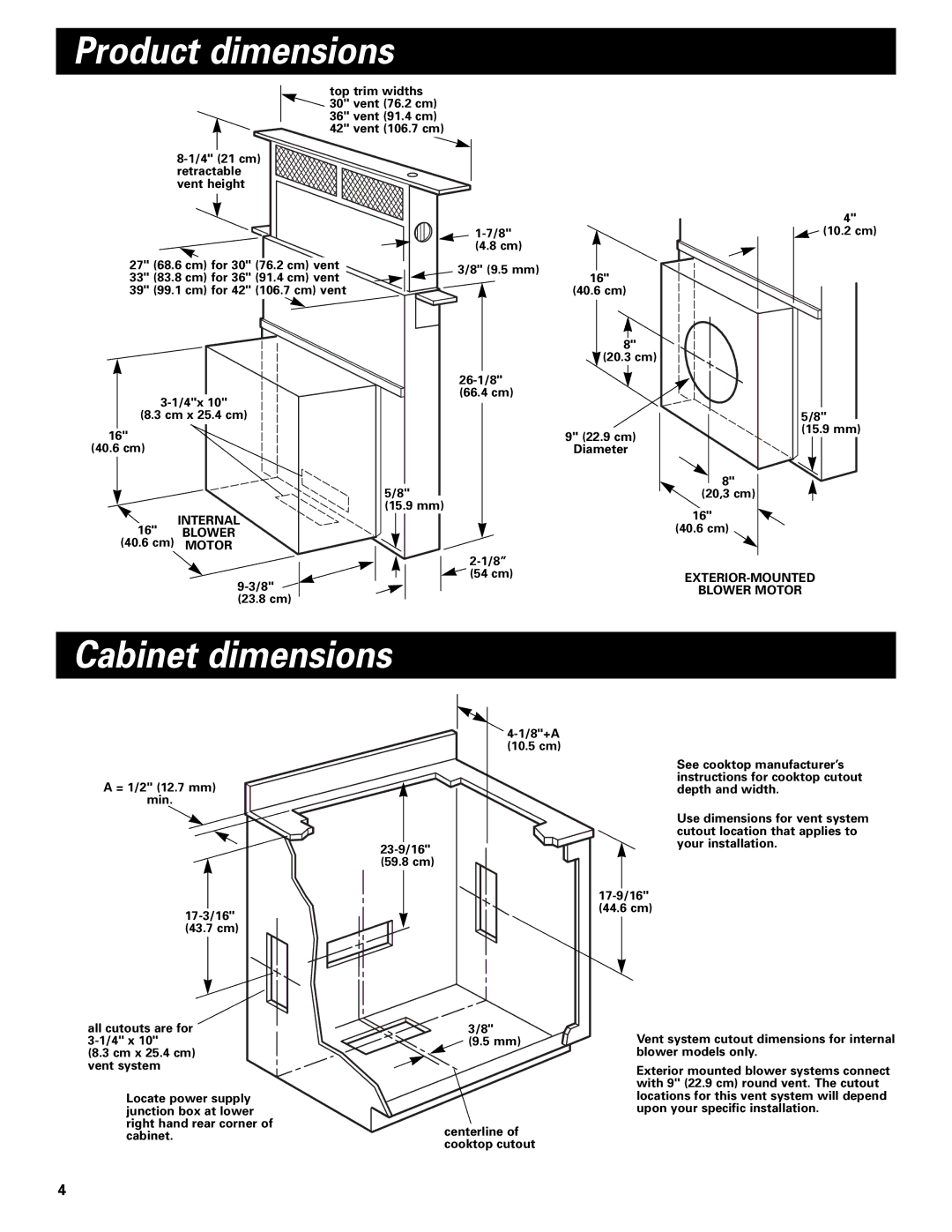 Whirlpool Vent system installation instructions Product dimensions, Cabinet dimensions 