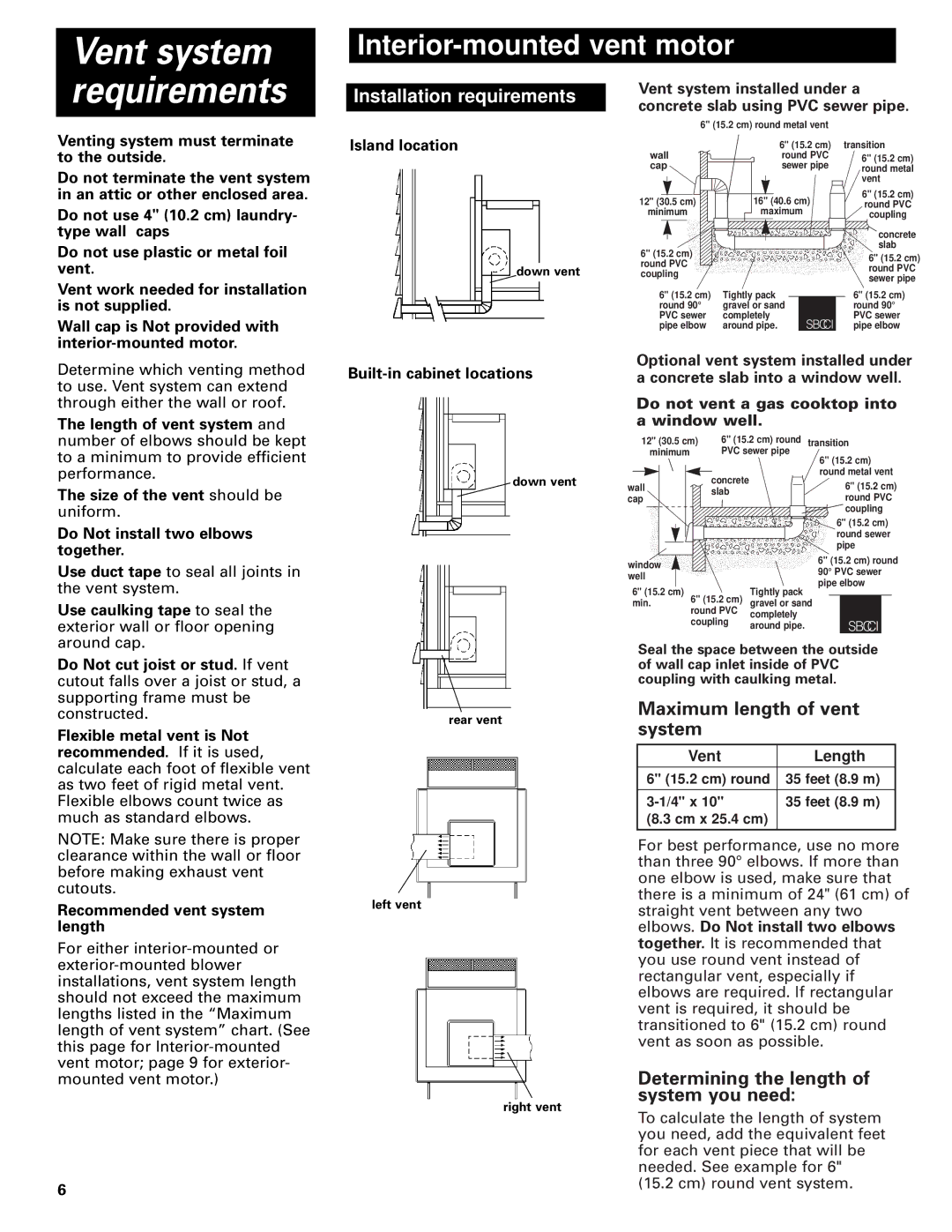 Whirlpool Vent system Requirements, Maximum length of vent system, Determining the length of system you need, Vent Length 