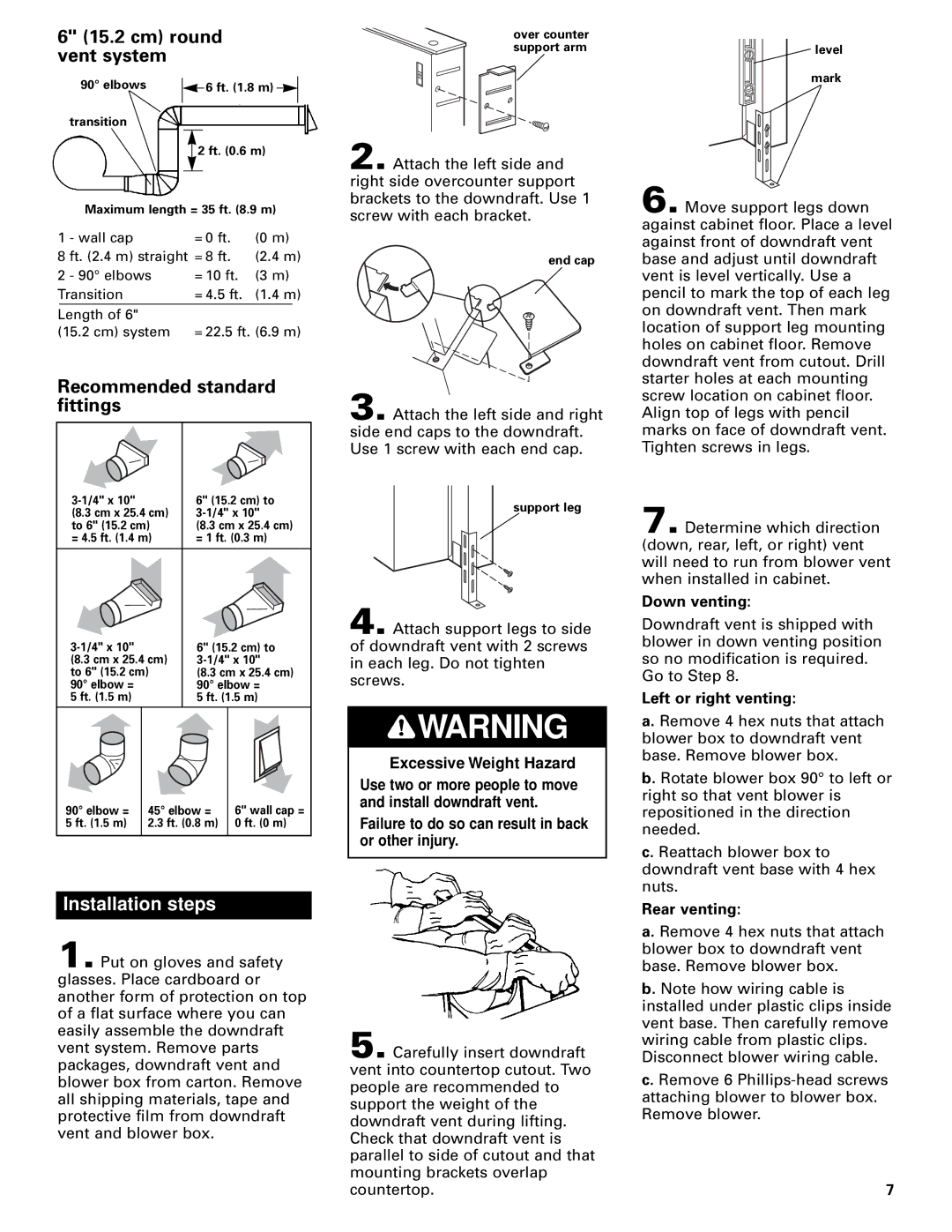 Whirlpool Vent system Cm round vent system, Recommended standard, Fittings, Excessive Weight Hazard 