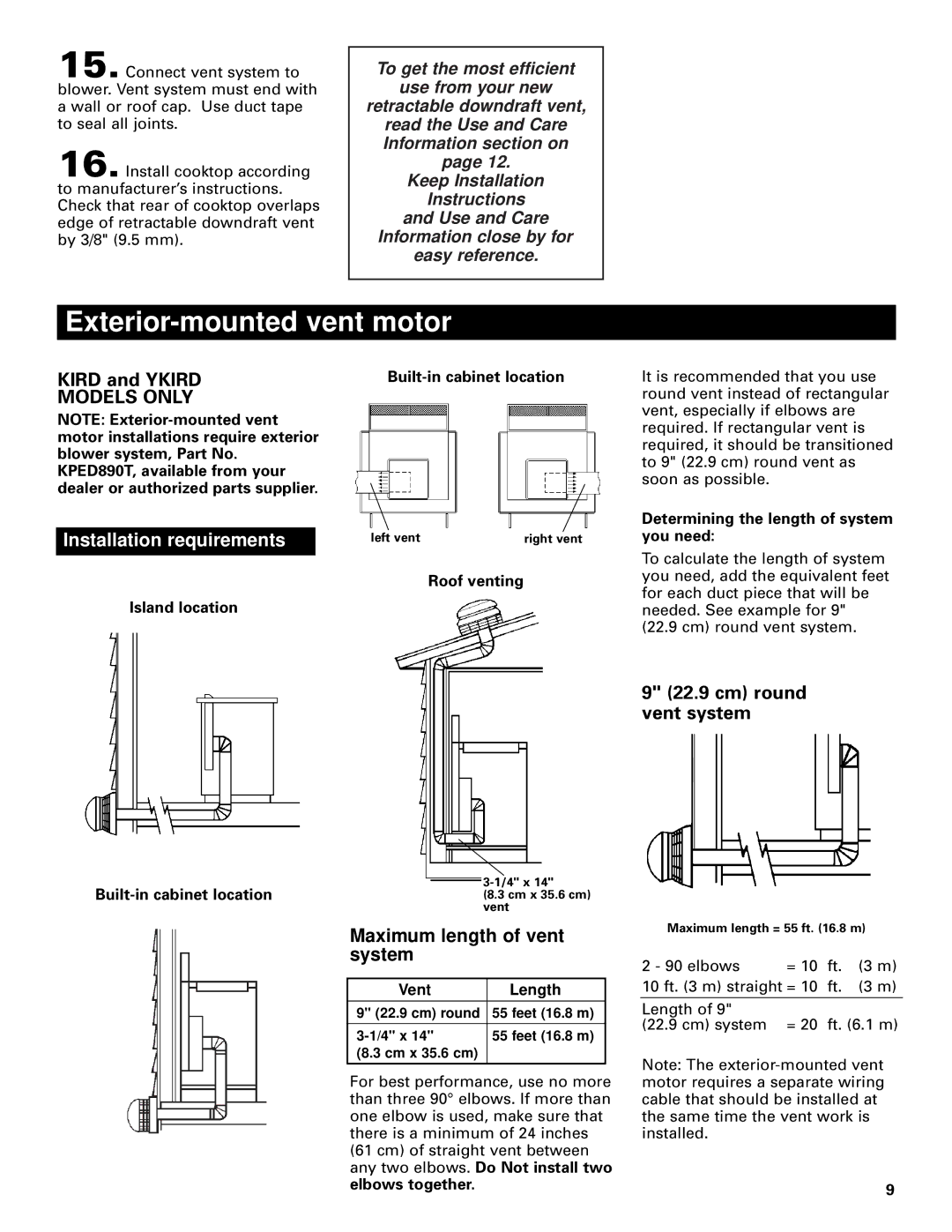 Whirlpool Vent system Kird and Ykird, Built-in cabinet location, Roof venting, Determining the length of system you need 