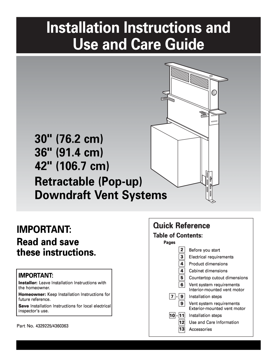 Whirlpool Vent system installation instructions Installation Instructions and Use and Care Guide, Quick Reference 