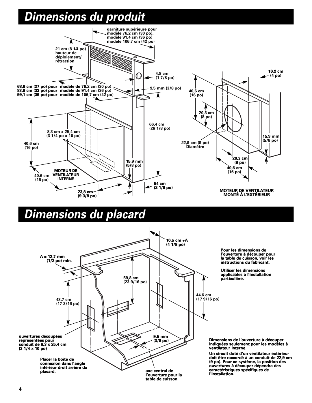 Whirlpool Vent system installation instructions Dimensions du produit, Dimensions du placard 