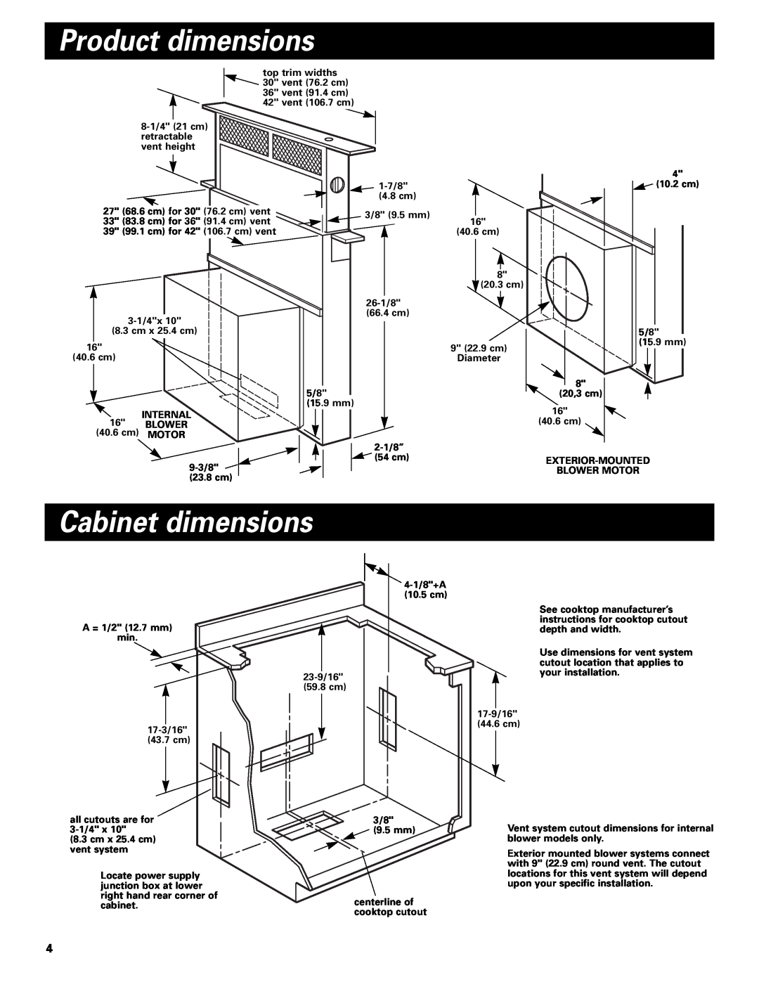 Whirlpool Vent system installation instructions Product dimensions, Cabinet dimensions 