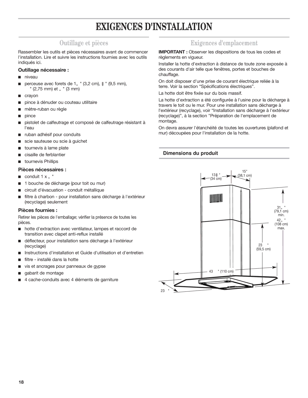 Whirlpool Ventilation Hood Exigences Dinstallation, Outillage et pièces, Exigences demplacement, Dimensions du produit 