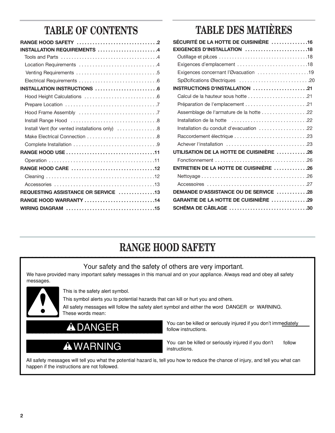 Whirlpool Ventilation Hood installation instructions Table of Contents, Table DES Matières, Range Hood Safety 