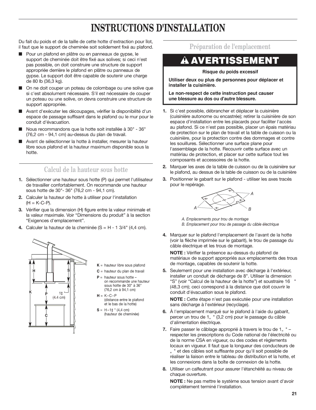 Whirlpool Ventilation Hood Instructions Dinstallation, Calcul de la hauteur sous hotte, Préparation de lemplacement 