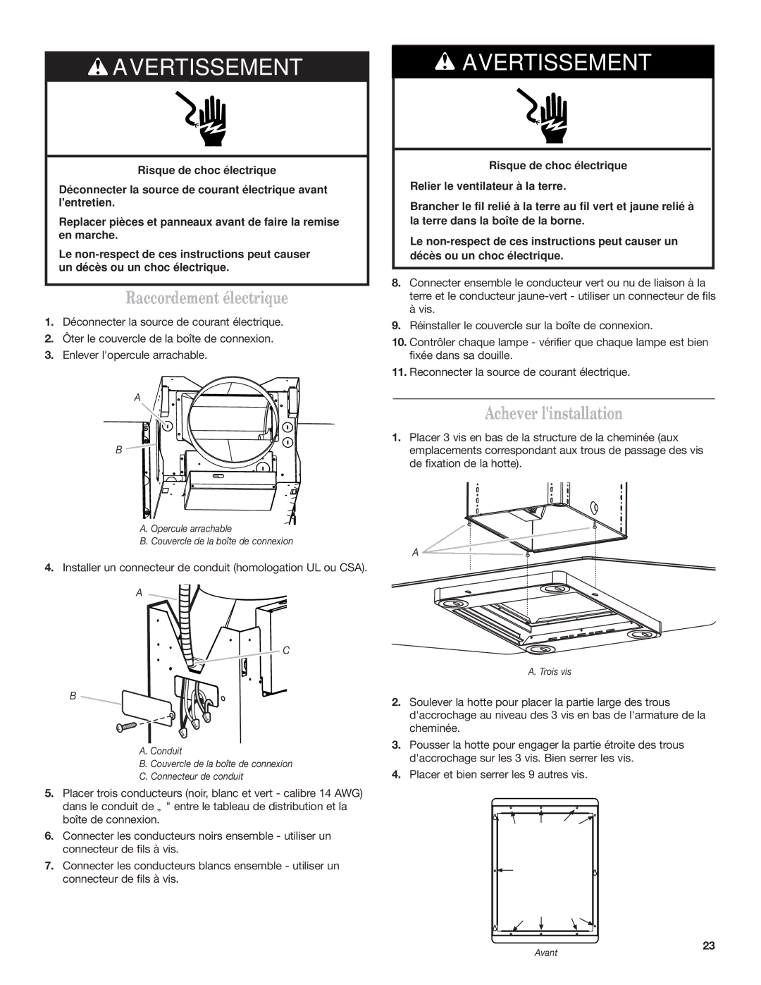 Whirlpool Ventilation Hood installation instructions Raccordement électrique, Achever linstallation 