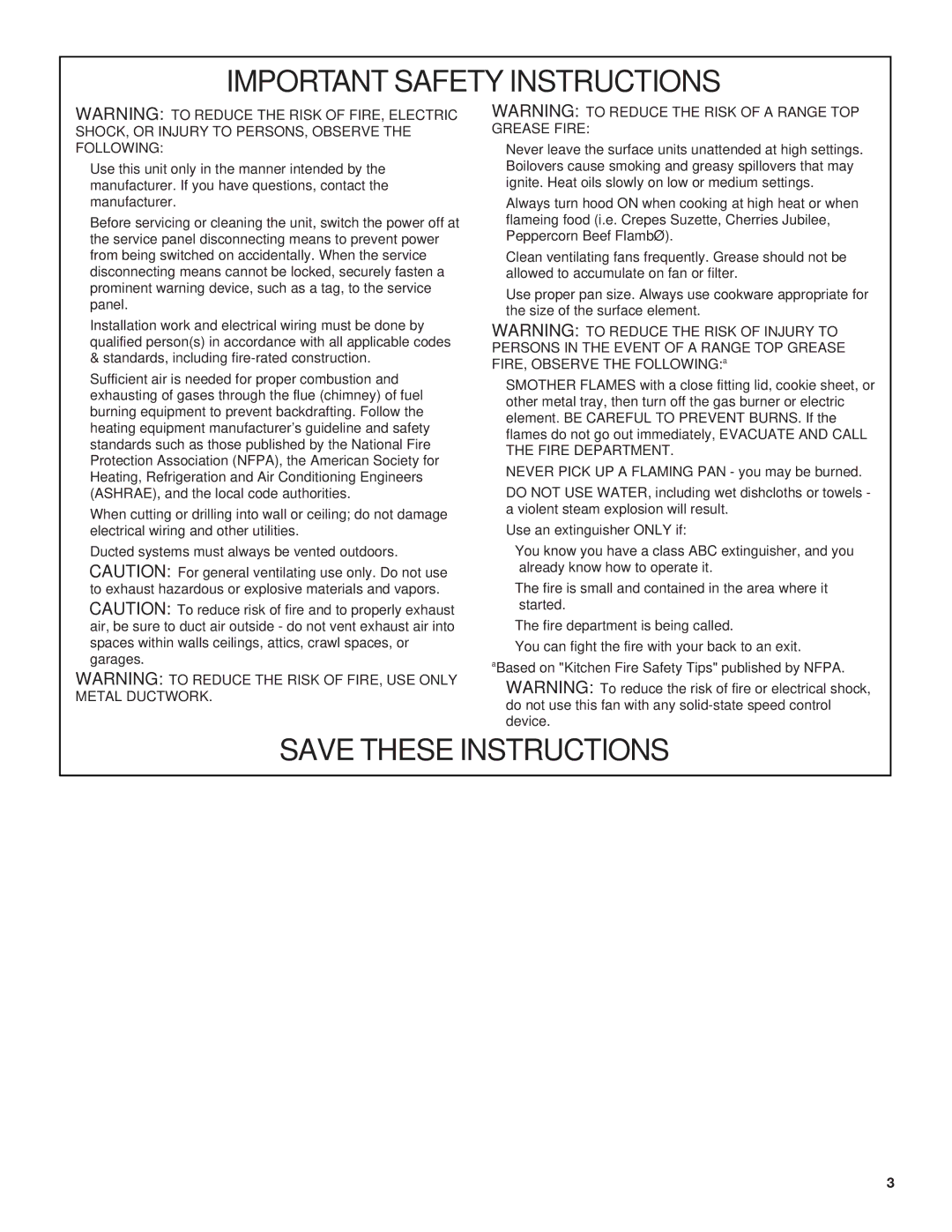 Whirlpool Ventilation Hood installation instructions Important Safety Instructions 