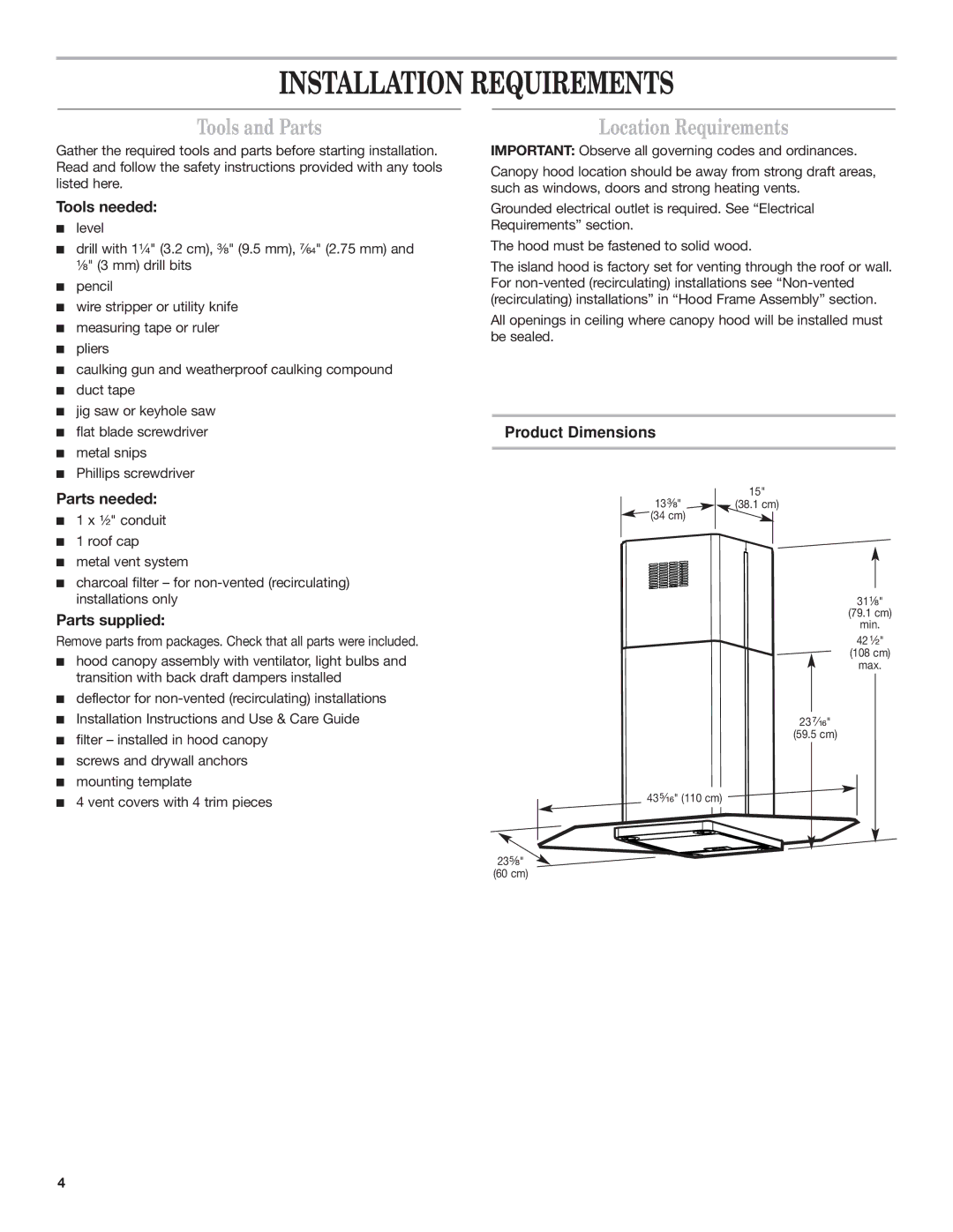 Whirlpool Ventilation Hood Installation Requirements, Tools and Parts, Location Requirements, Product Dimensions 