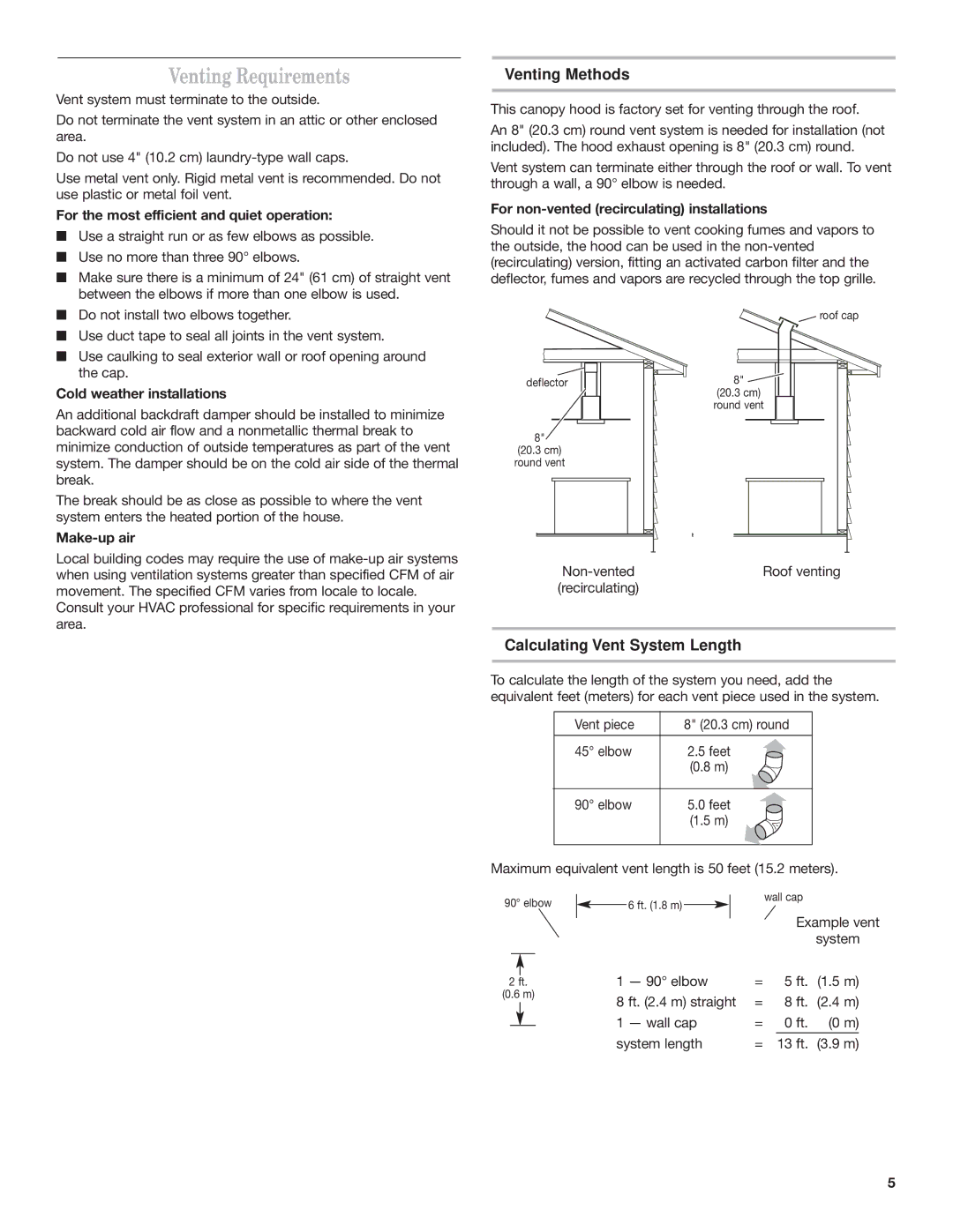 Whirlpool Ventilation Hood installation instructions Venting Requirements, Venting Methods, Calculating Vent System Length 