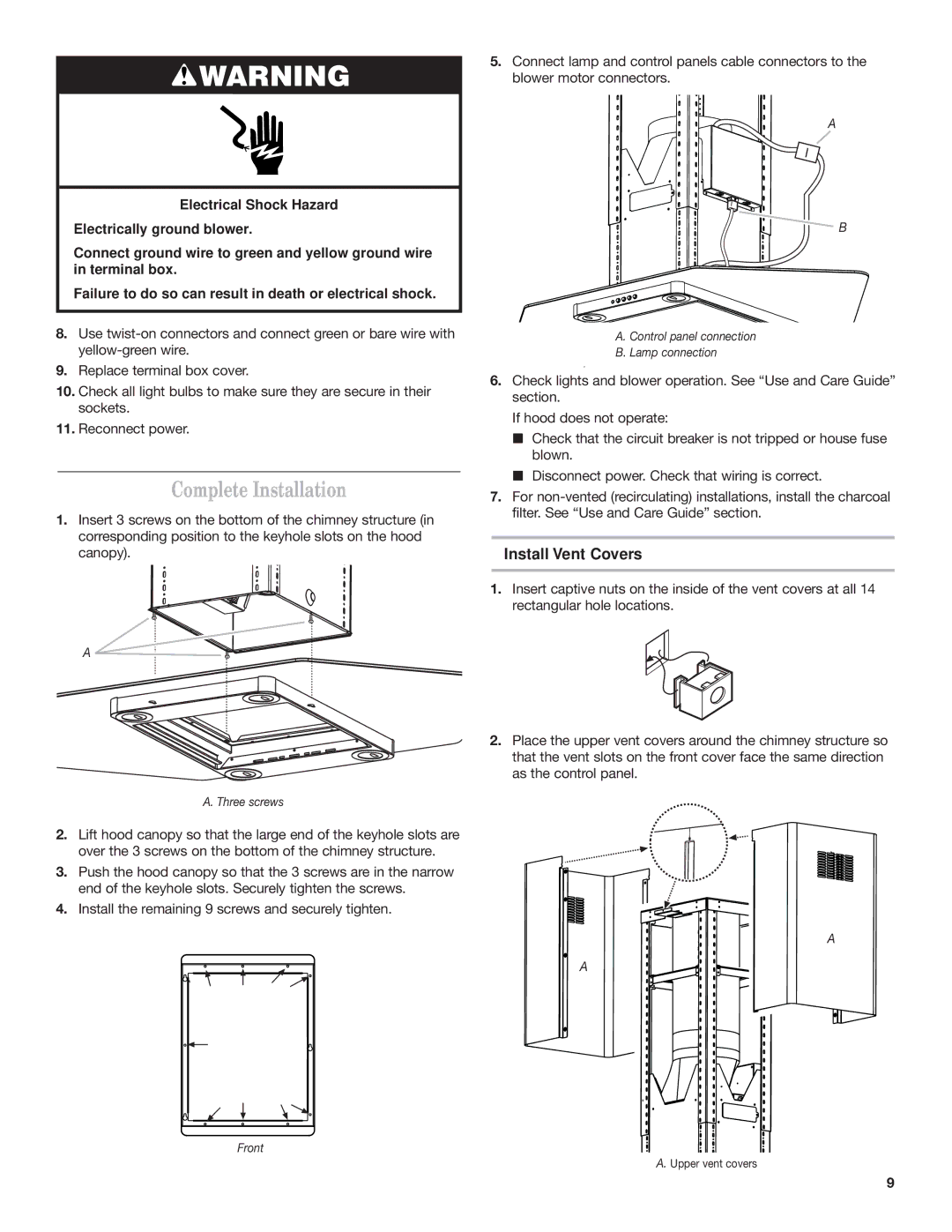 Whirlpool Ventilation Hood installation instructions Complete Installation, Install Vent Covers 