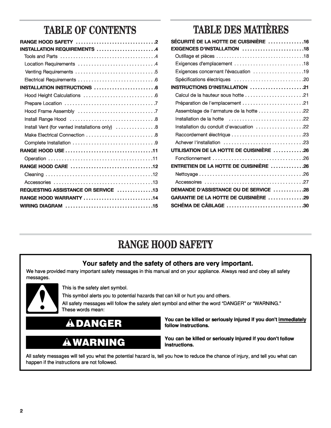 Whirlpool Ventilation Hood Table Of Contents, Table Des Matières, Range Hood Safety, Danger, Installation Instructions 