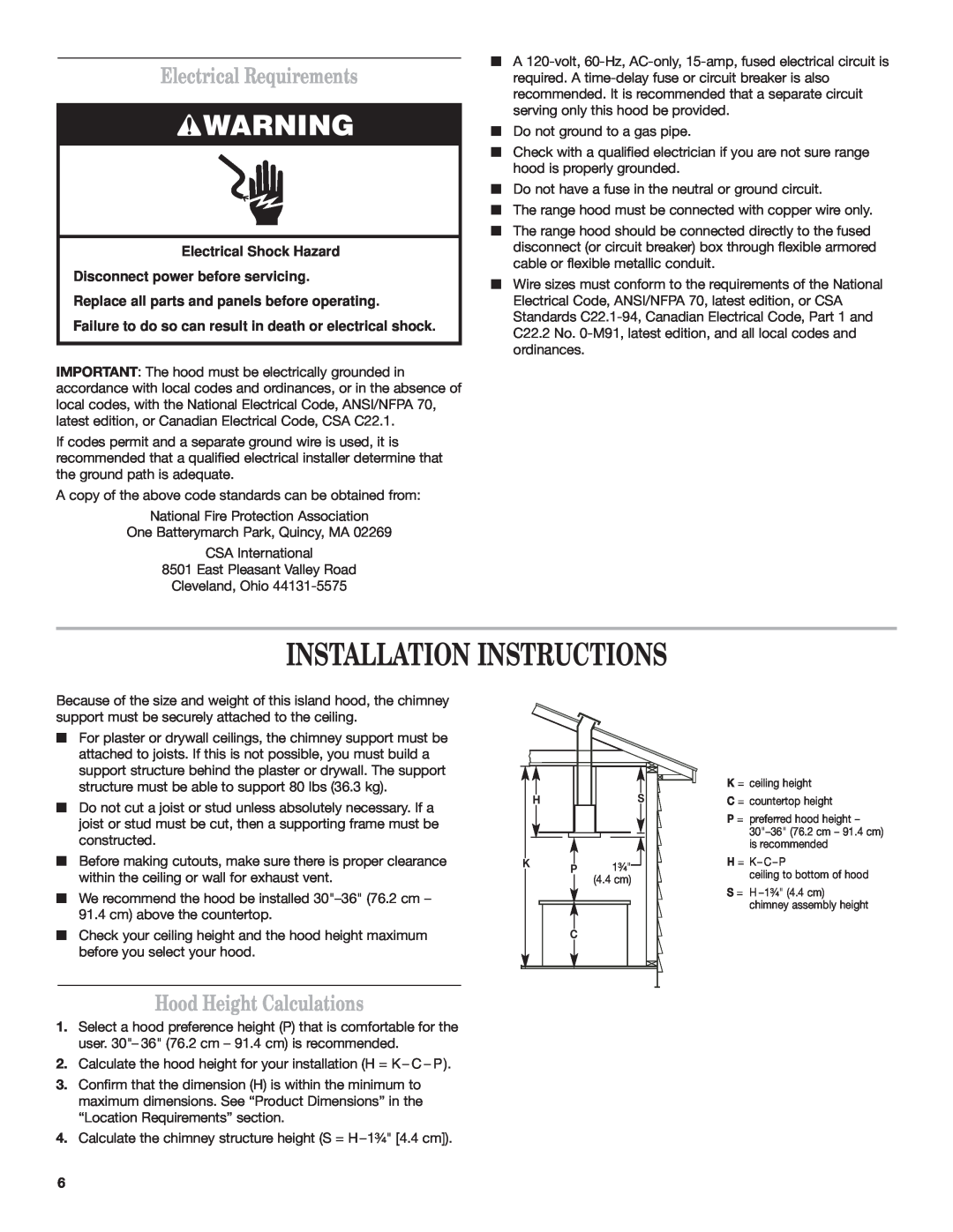 Whirlpool Ventilation Hood Installation Instructions, Electrical Requirements, Hood Height Calculations 