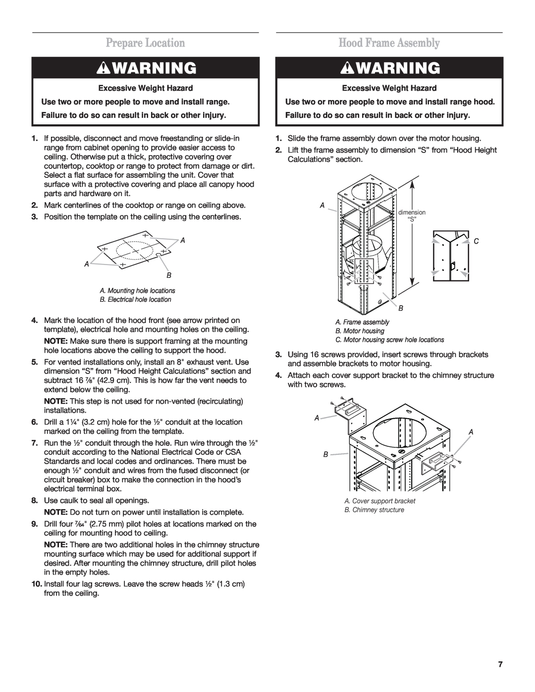 Whirlpool Ventilation Hood installation instructions Prepare Location, Hood Frame Assembly, Excessive Weight Hazard 