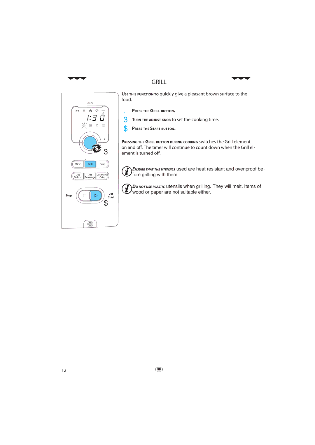 Whirlpool VT 265, VT 295, VT 275 manual Grill, Turn the Adjust Knob to set the cooking time 