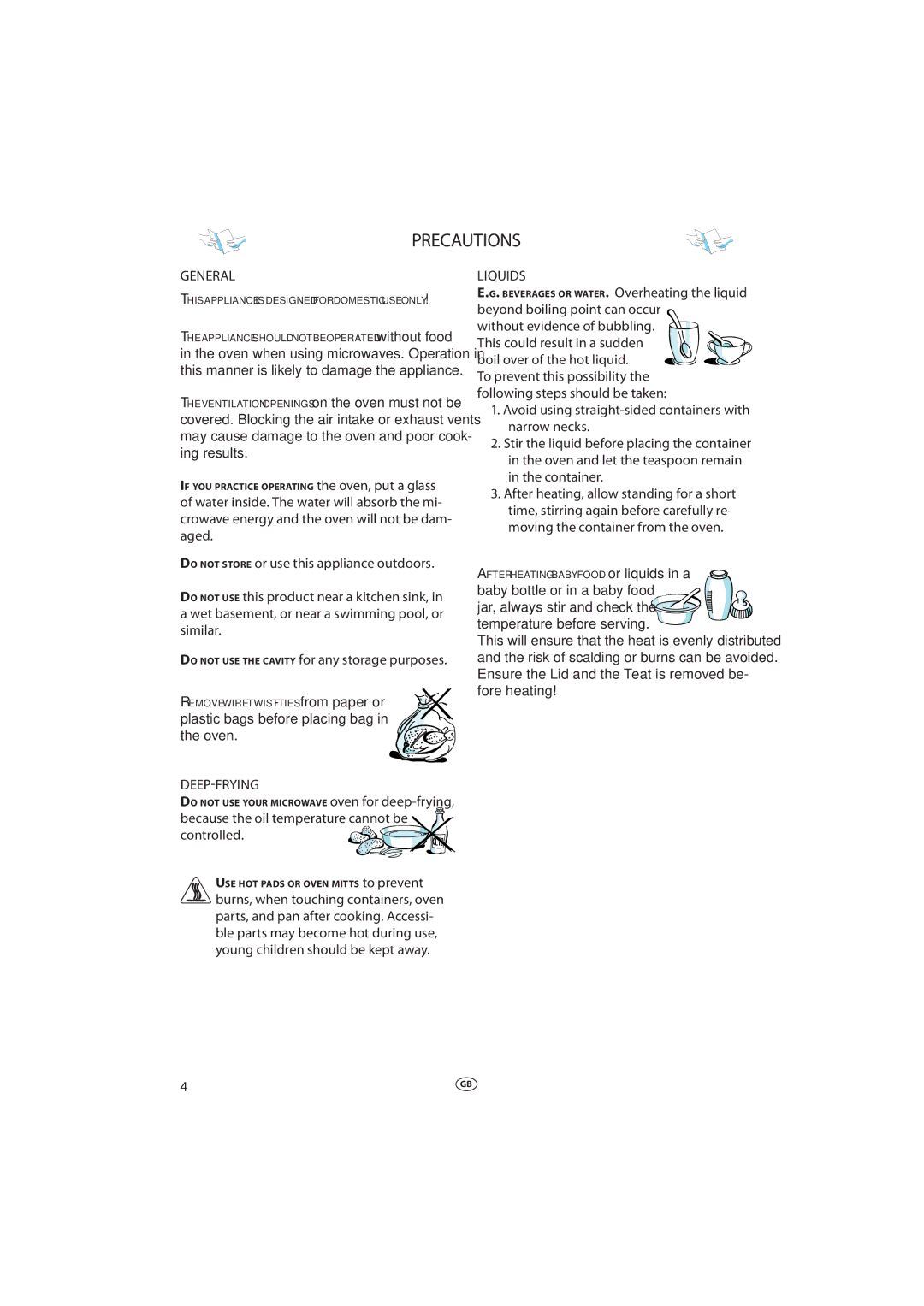 Whirlpool VT 295, VT 265, VT 275 manual Precautions, General, Deep-Frying, Liquids 