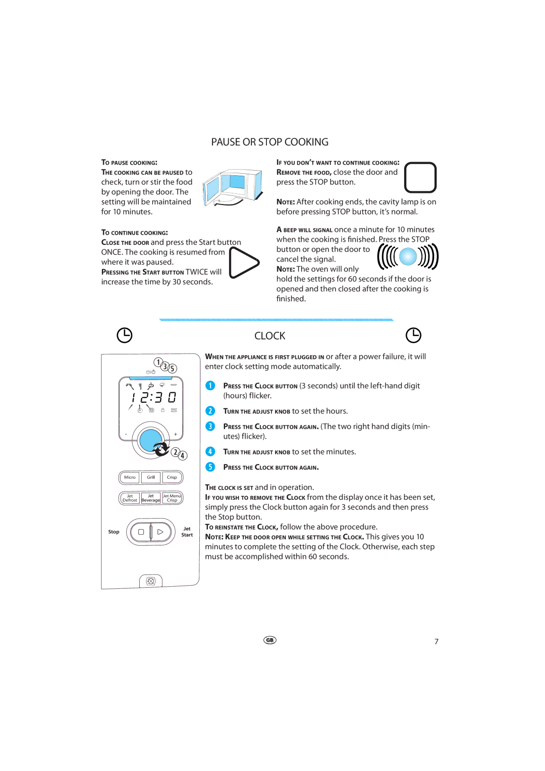 Whirlpool VT 295, VT 265, VT 275 manual Pause or Stop Cooking, Clock, Increase the time by 30 seconds 